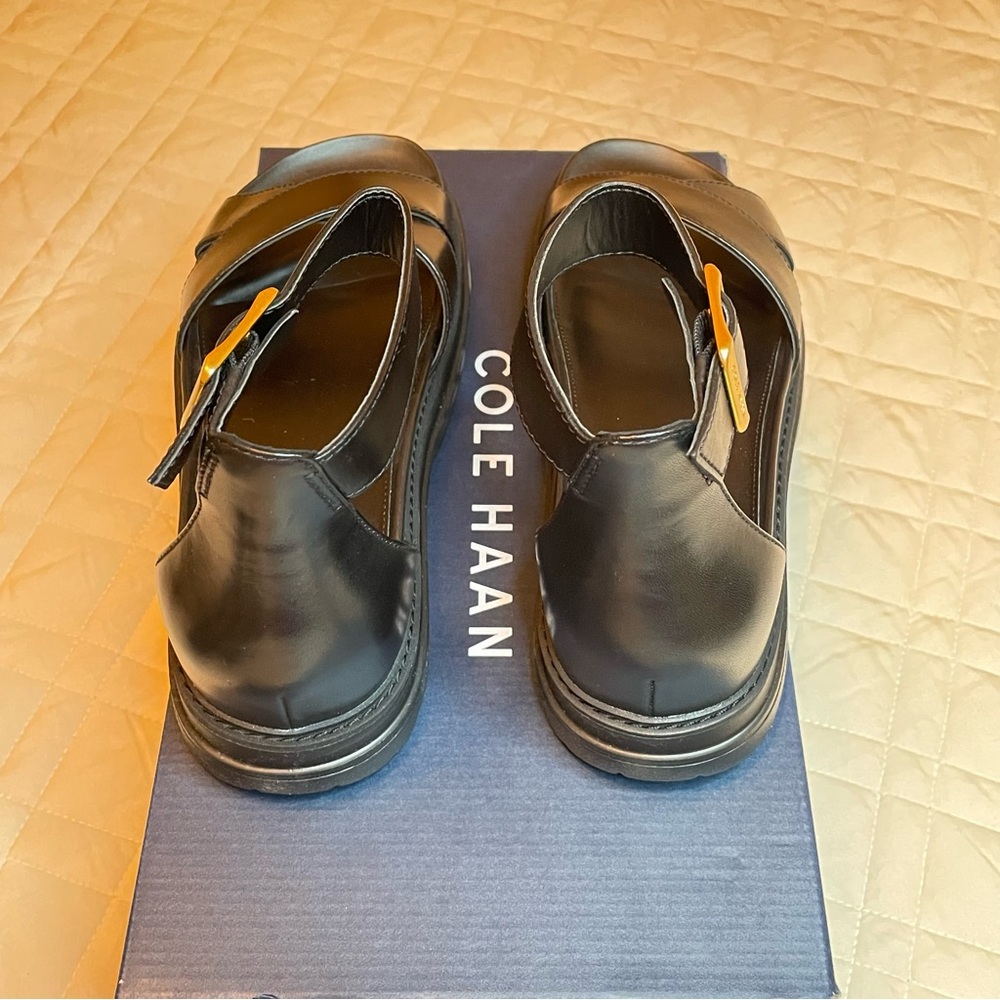 Cole Haan Black Leather Crisscross Ankle Strap Sandals with Gold Buckle - Picture 9 of 11